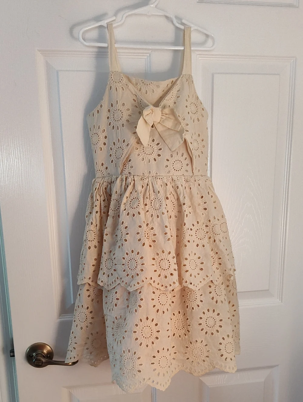 Blueberi Boulevard Cream Eyelet Bow-Tie Tiered Dress